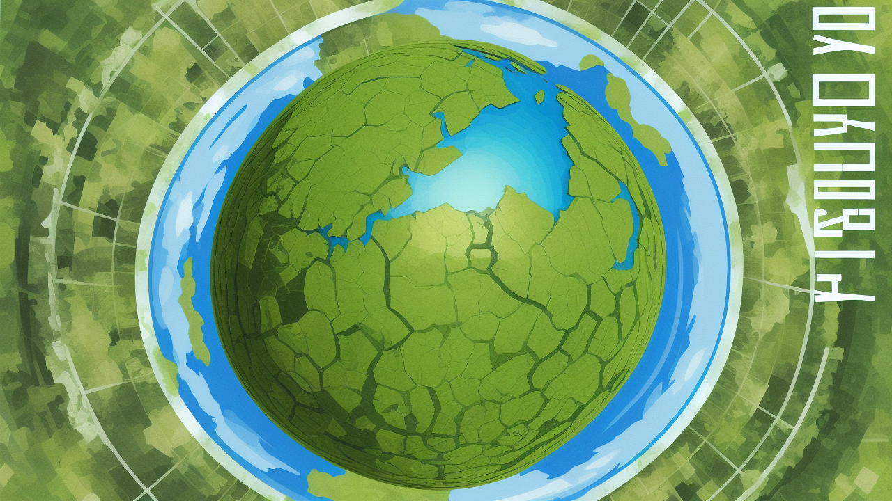 这是一张描绘地球的卡通图片，地球表面呈现绿色，有裂纹，周围环绕着蓝色光环和坐标线，给人一种科技感。