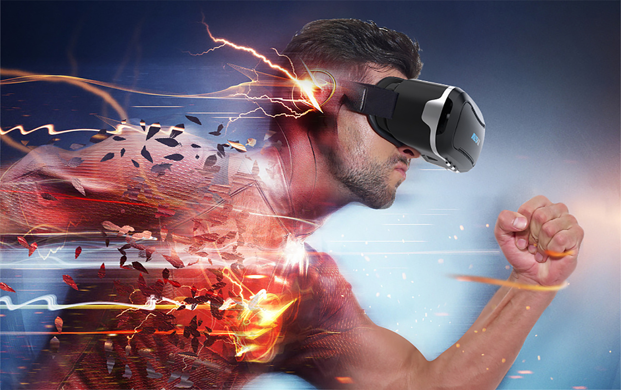 图片展示一位男士戴着虚拟现实头盔，正以跑步姿势向前冲刺，四周似乎有能量爆发的效果。