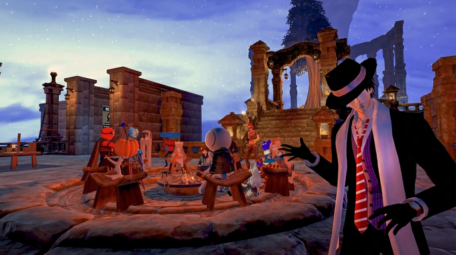 图片展示了一款游戏的虚拟场景，有穿着不同服装的角色围坐在篝火旁，背景是星空下的废墟遗迹。