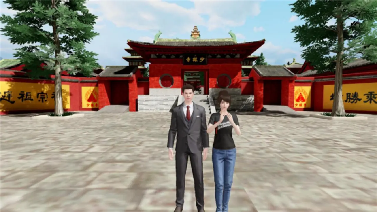 图片展示两个三维动画人物，站在一个具有中国传统建筑风格的庭院前，周围有树木和红色的墙壁，氛围庄重。