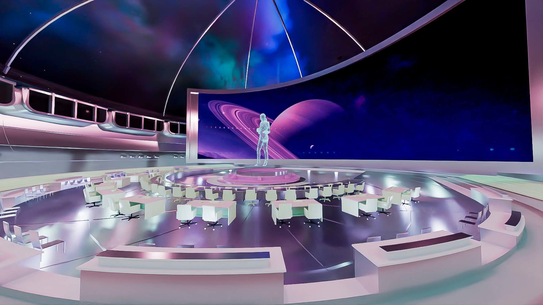 这是一张科幻风格的虚拟现实会议室图像，中心有全息图像，周围摆放着桌椅，背景是宇宙星空和行星。