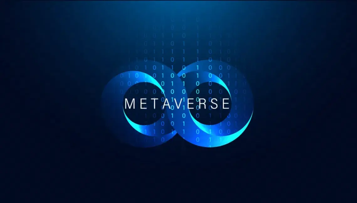 这是一张数字艺术图，展示了由二进制代码组成的背景，中间有“METAVERSE”字样，整体色调为科技感十足的蓝色。