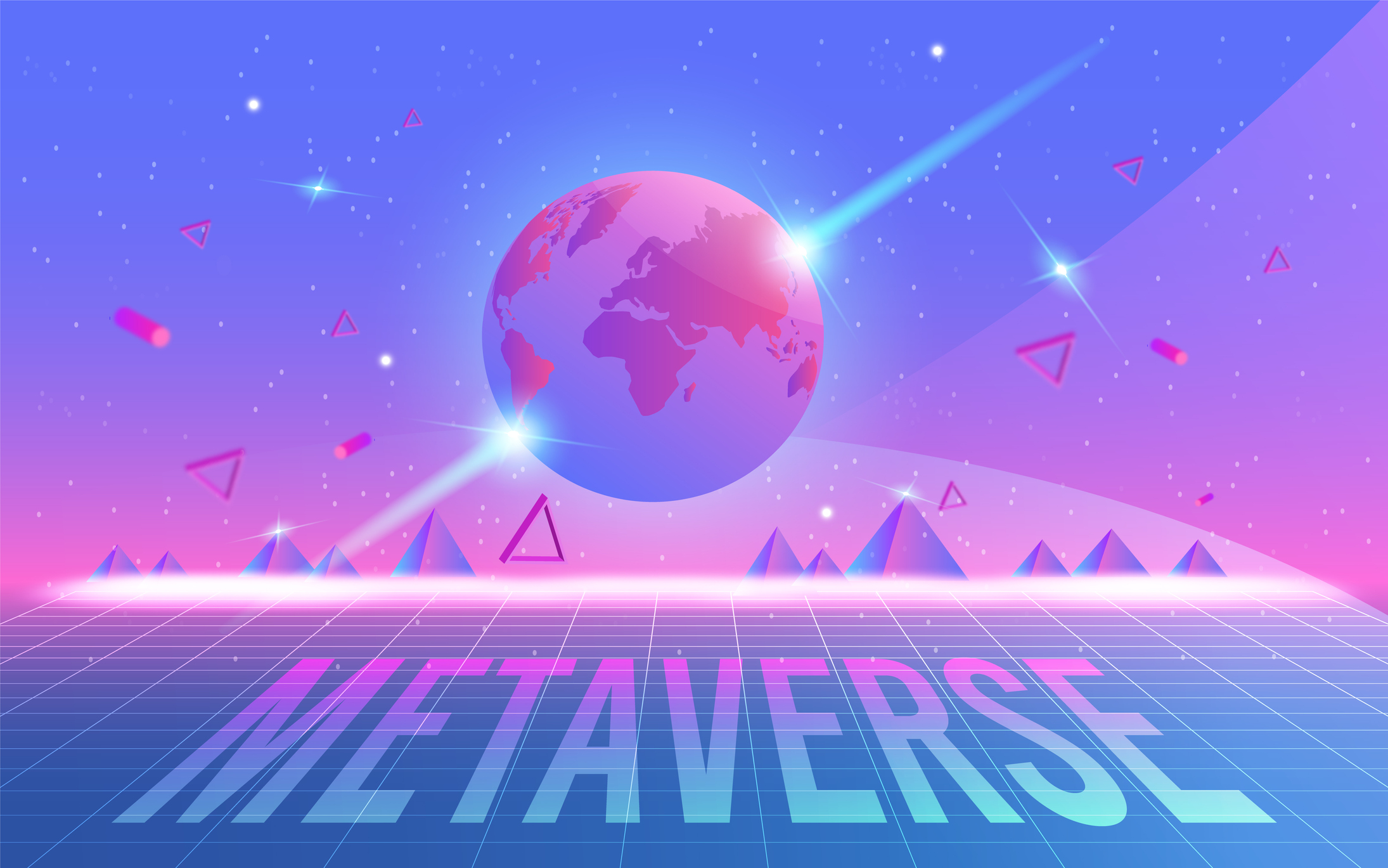 这是一张描绘元宇宙概念的插图，展示了地球在数字化网格上，背景是紫色调的天空和三角形图案，下方有“METAVERSE”字样。